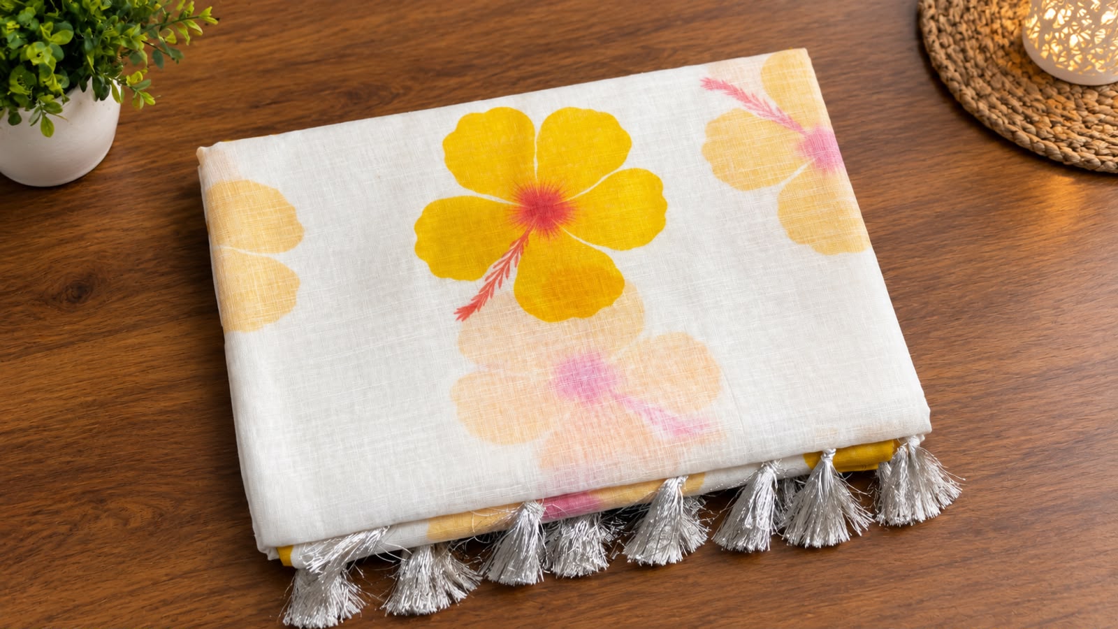 Yellow hibiscus printed mul cotton